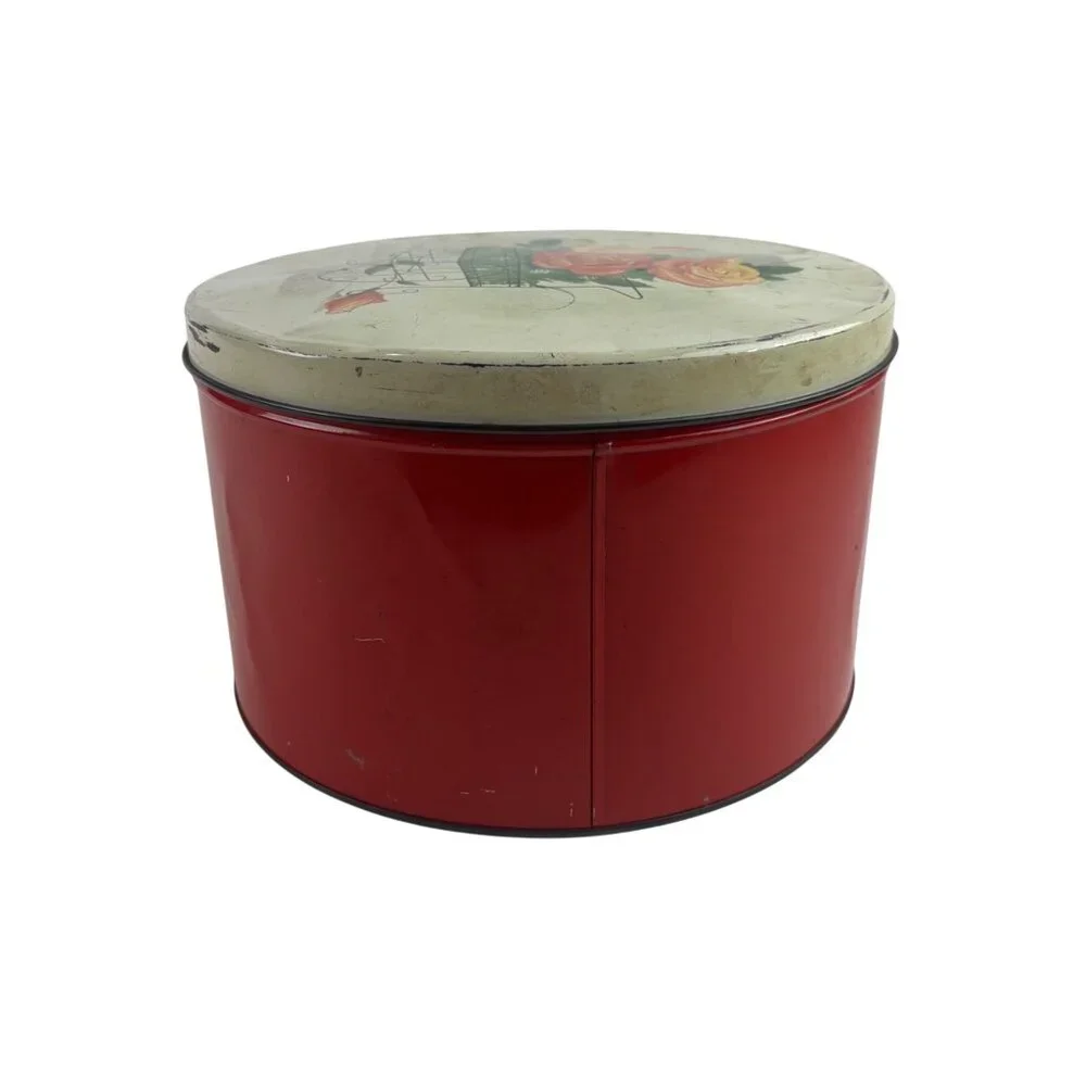 Vintage 50s Metal Tin Round Floral Cart Of Roses Decorative Storage Container